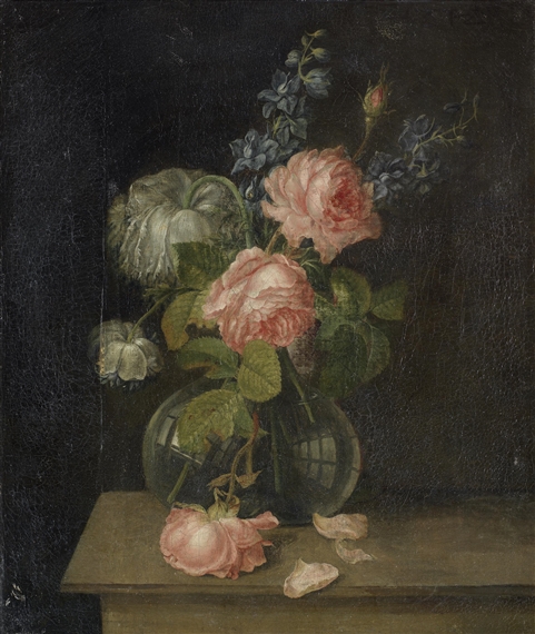 Roses, Poppies and Other Flowers in a Glass Vase on a Table - Top by Joseph-Laurent Malaine