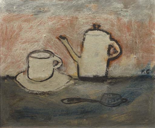 A coffeepot, a coffee cup and a tea-strainer on a table by Klaas Gubbels, circa 1960
