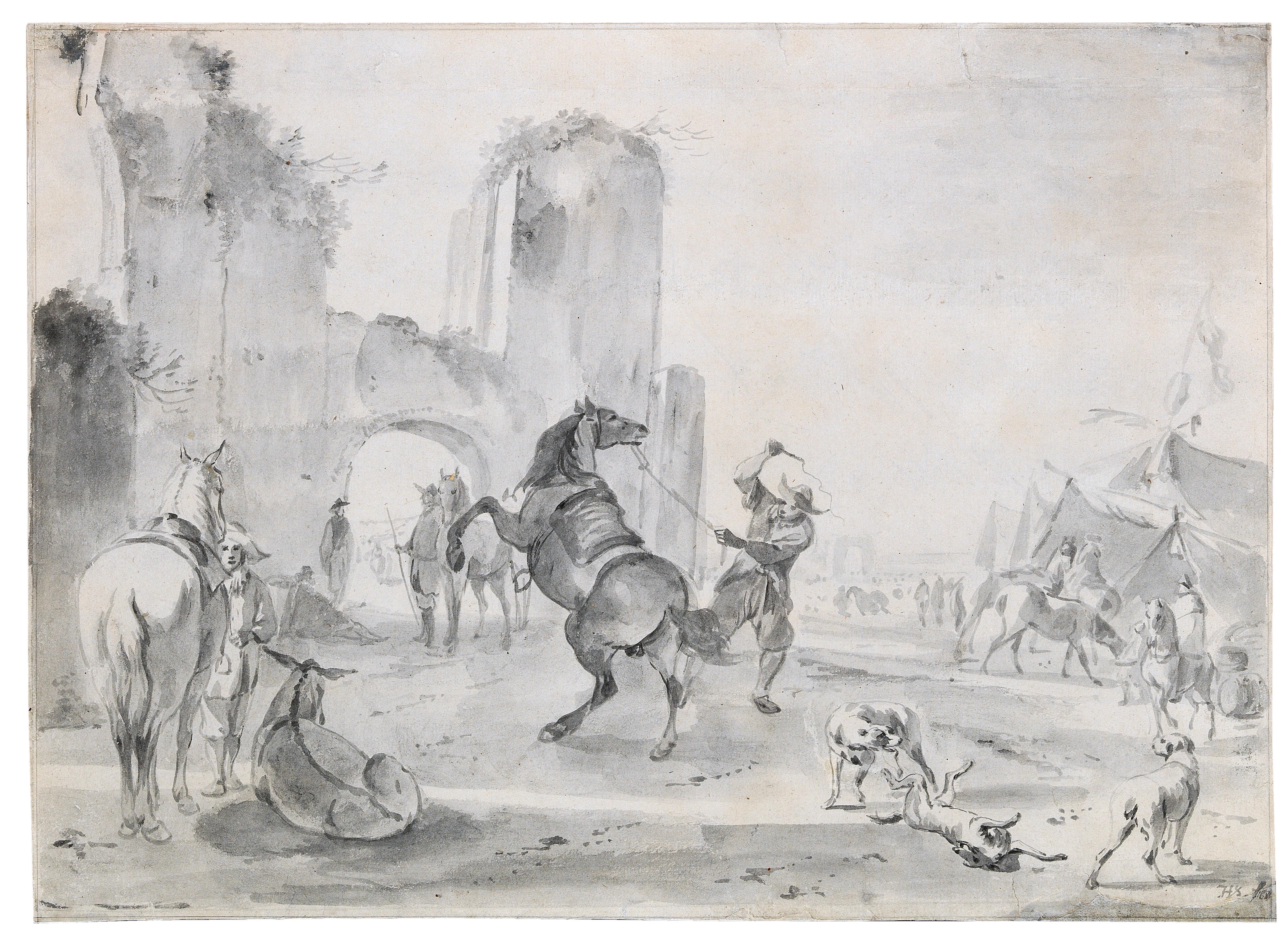 Artwork by Hendrick Verschuring, A hunting party with dogs and a horse rearing up, Made of brush, black and grey ink, grey wash, on laid paper