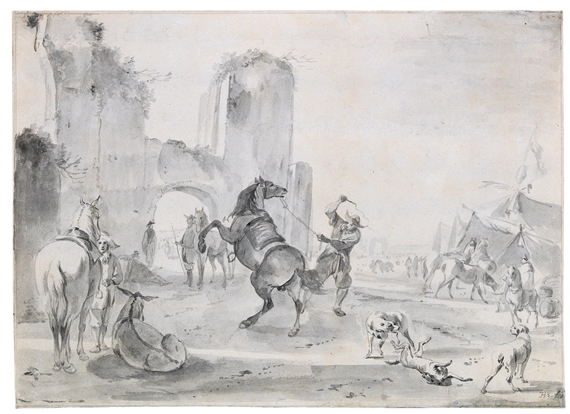 A hunting party with dogs and a horse rearing up by Hendrick Verschuring, 1685