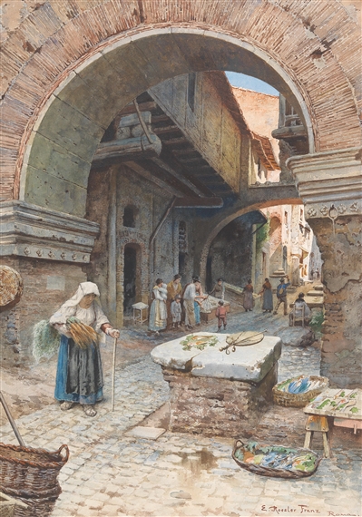 Ettore Roesler Franz A Fish Market In Rome An Arched Gate In The Shadow Strong Light Behind It 1875 Mutualart