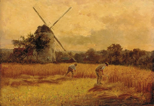 Figures harvesting before a windmill; and Figures by a river with mountains beyond by H. Wallace