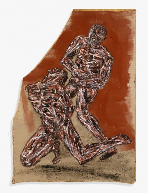 Artwork by Leon Golub, COMBAT, Made of OIL ON CUT CANVAS MOUNTED ON PANEL
