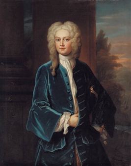 Portrait of George Pretyman, three-quarter-length, in a blue coat, beside a column with a landscape beyond - John Fayram