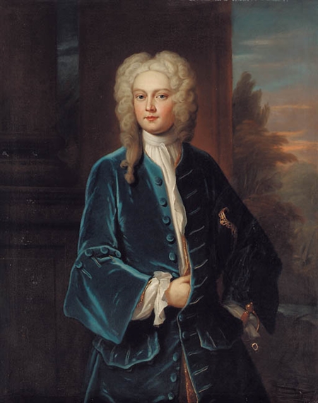 Portrait of George Pretyman, three-quarter-length, in a blue coat, beside a column with a landscape beyond - John Fayram