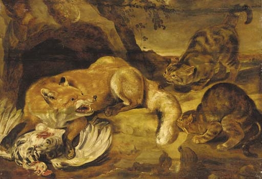 Frans Snyders | A fox defending its kill from wild cats | MutualArt