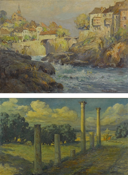 2 WORKS, THE RAPIDS, LAUFENBURG, SWITZERLAND AND COLUMNS IN LANDSCAPE by Colin Campbell Cooper
