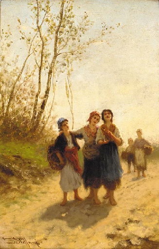 Three young country girls on a road by Luigi Steffani