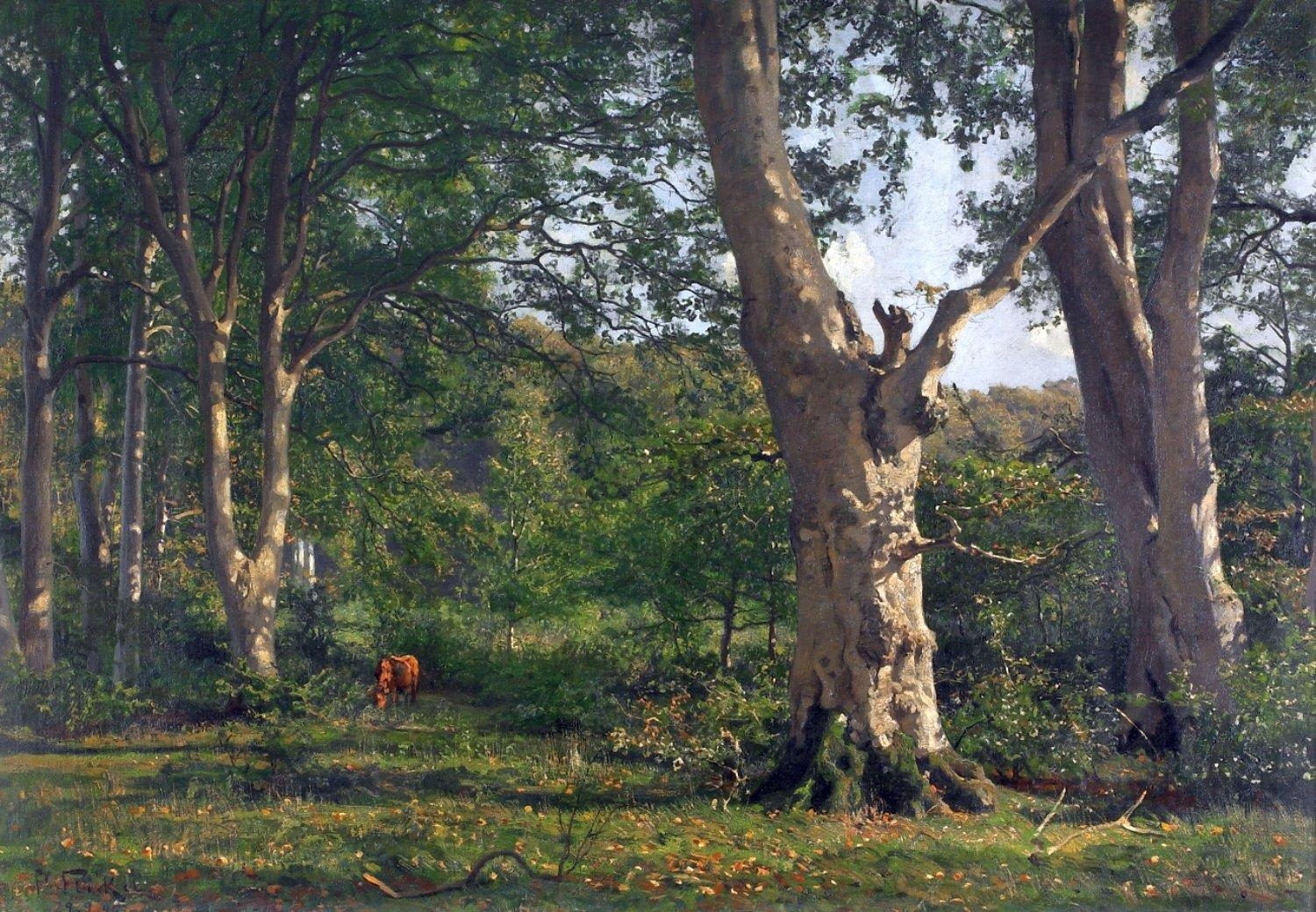 Sonnenbeschienene Waldlichtung mit grasender Kuh by Paul Franz Flickel, 1895