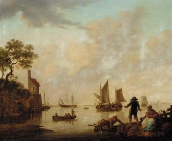 An extensive river landscape with peasants mooring a boat and ships beyond - Willem Kett