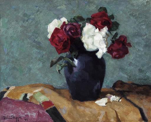 Still life with red and white roses by David Foggie, 1933