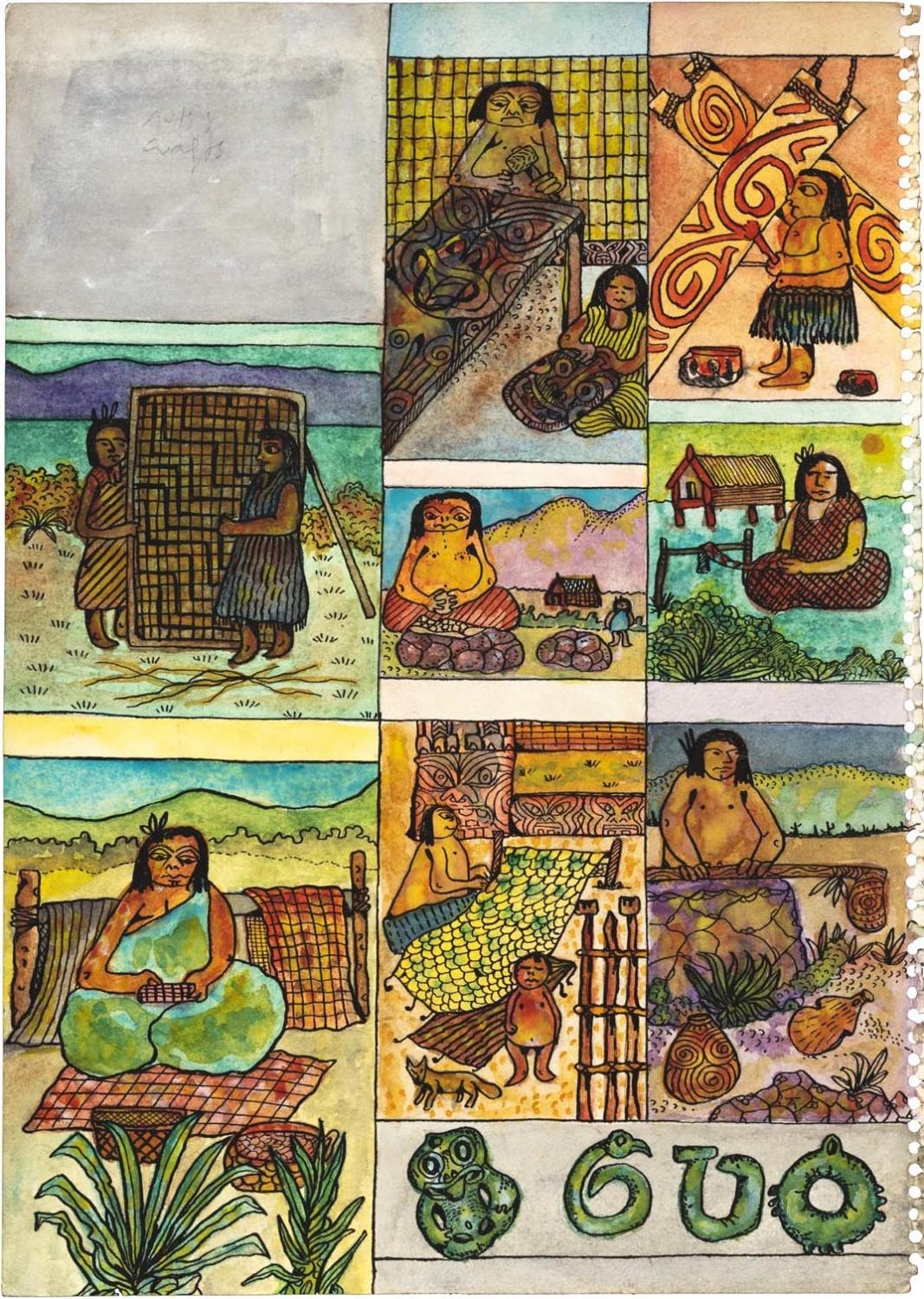 Artwork by Alan Taylor, Manukau Archaeology, Made of illustrations in watercolour and ink on paper