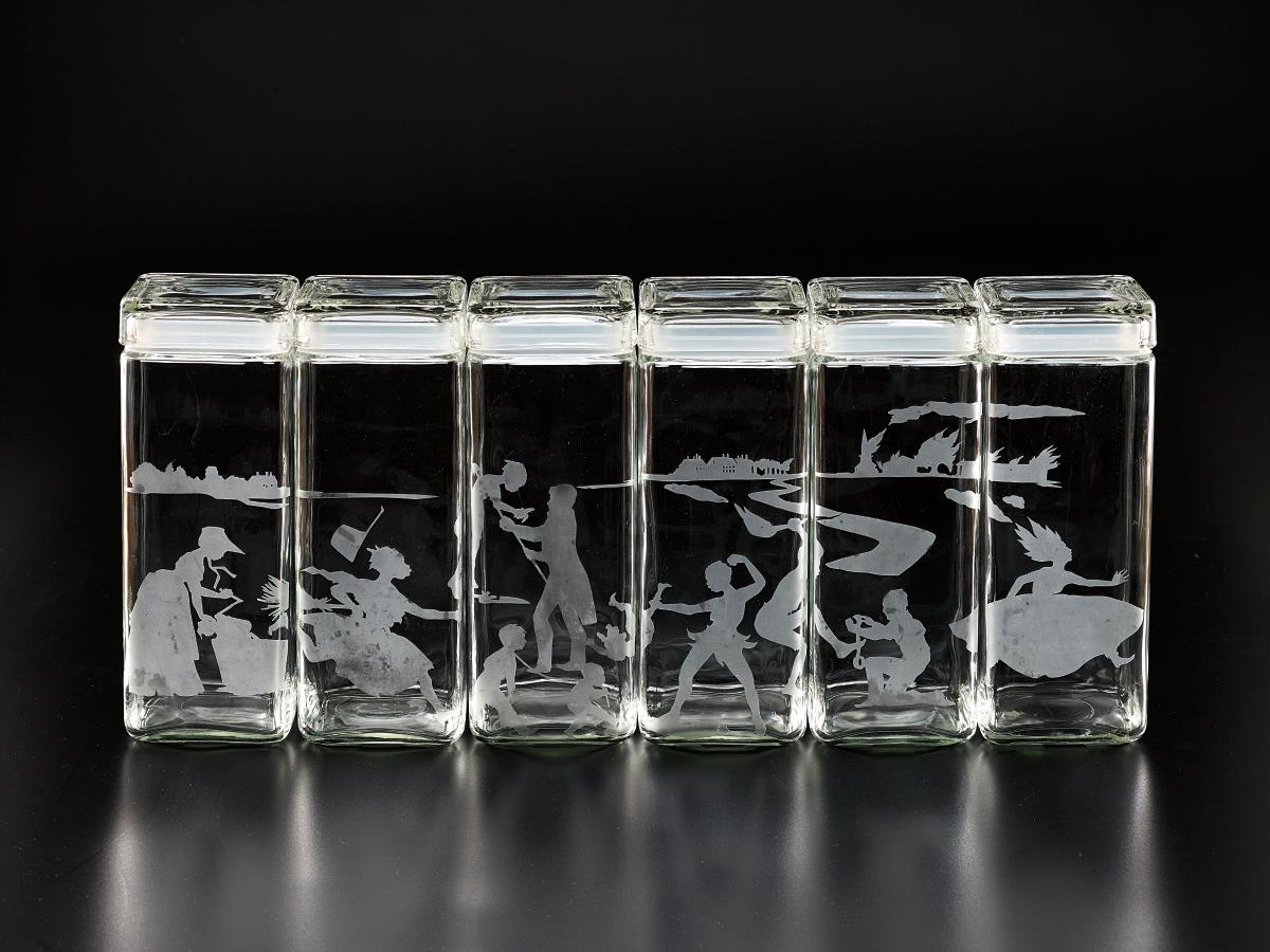 Artwork by Kara Walker, Untitled (Canisters), Made of set of six etched glass canisters