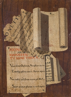 A Pair: Trompe-l’oeil with sonnet by Giovan Battista Marino & Trompe-l’oeil with landscape engraving, Latin epigraph, musical score and poetry - Luigi Desio