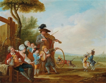 A Pair: Merry-making musicians and  A bagpipe-player in front of a tavern - Louis-Joseph Watteau