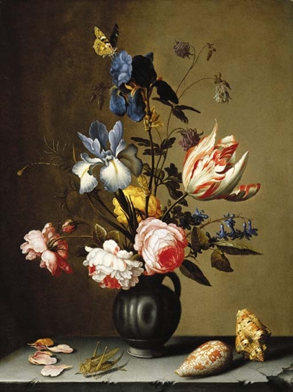 Irises, roses, columbine, hyacinth and a tulip in a black pottery pitcher, with seashells and a grasshopper on a stone ledge by Balthasar van der Ast