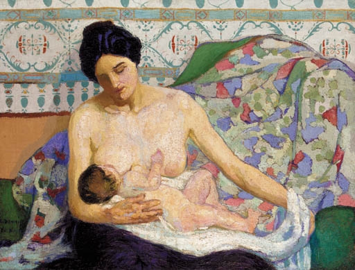 A tender scene of a figure breastfeeding an infant against a patterned backdrop.