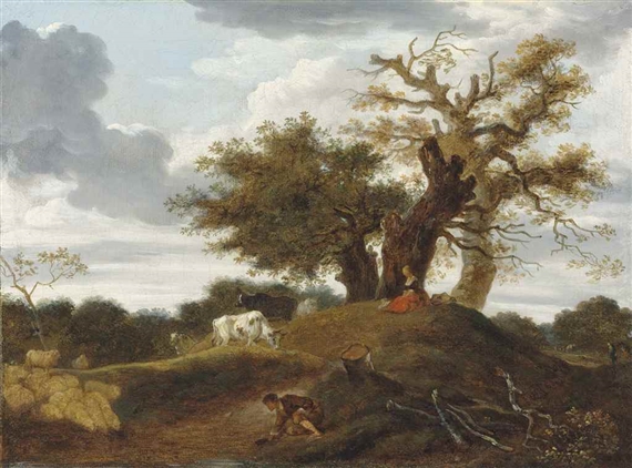 A wooded landscape with figures at the edge of a pond by Jean-Honoré Fragonard