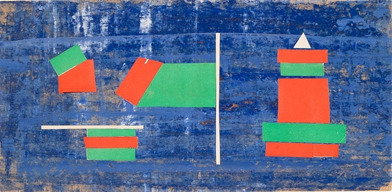 Turm mit roten und grünen Elementen auf blauem Grund by Hermann Glöckner, 1957