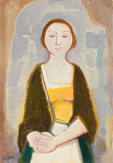 Junge Frau mit gesenktem Blick und verschränkten Händen by Karl Hofer, 1949
