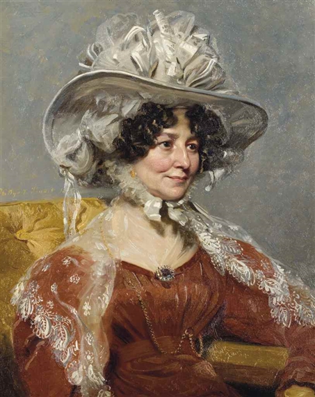 Henry Wyatt | Portrait of a lady, half-length, in a red dress with a lace  shawl and white bonnet (1827) | MutualArt
