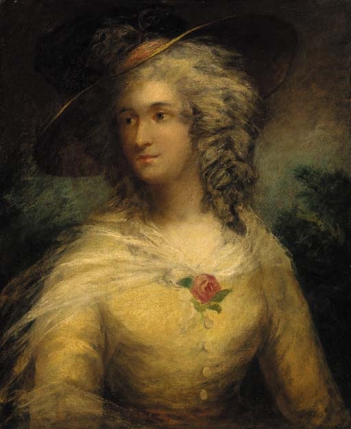Portrait of a lady, bust-length, in a yellow dress and straw hat by Thomas Gainsborough