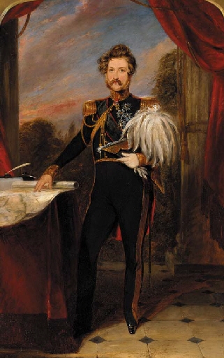 Portrait on a gentleman, small full-length, in uniform, his right hand on a campaign map, a landscape beyond by Franz Xaver Winterhalter