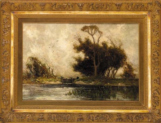 A figure by a river in a wooded landscape by George A. Boyle