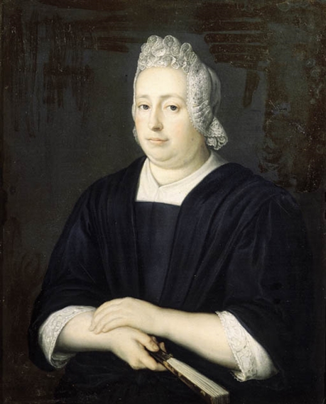 Portrait of a lady, half-length, wearing a black dress with lace chemise and bonnet, holding a fan by Martinus de la Court, 1699