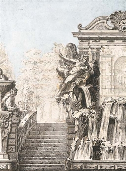 A design for a fountain beside a staircase, a park in the background - Gilles-Marie Oppenord