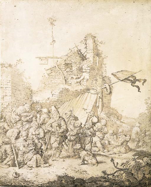 Artwork by Gerrit Adriaensz. De Heer, A beggar playing the bagpipes for villagers before the ruins of an inn, Made of pen and brown ink on vellum
