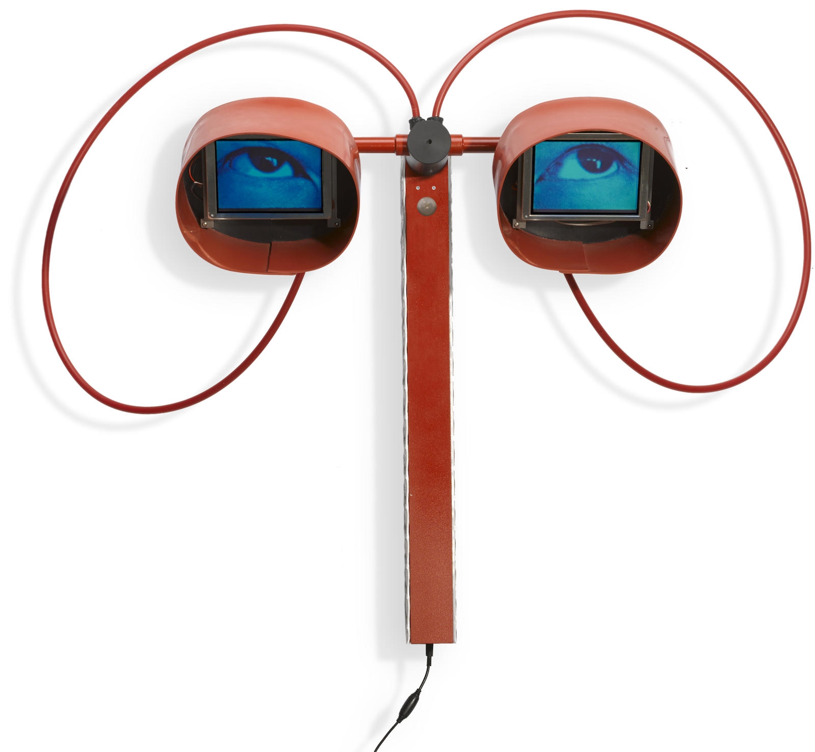 Artwork by Alan Rath, Neo-Watcher IV, Made of aluminum, rubber, electronics and LCD