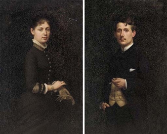 2 Works: Portait of a elegant lady, three-quarter-length, in a brown dress; and Portrait of an elegant gentleman, three-quarter-length, in a navy blue suit, holding a cigar - Jules Marie Sevestre