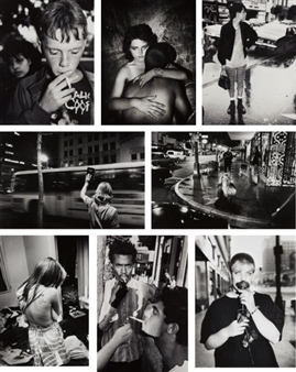 A black-and-white photo collage capturing candid urban moments of people in intimate, contemplative, and active states.