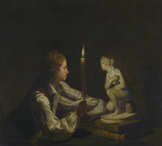 A YOUNG ARTIST HOLDING A LIGHTED CANDLE, INSPECTING A MODEL OF A CROUCHING VENUS by Joseph Wright of Derby