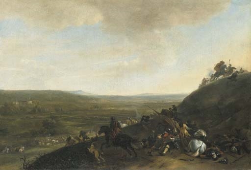 An extensive landscape with a cavalry skirmish by Hendrick Verschuring, 1669
