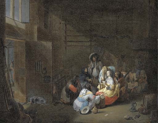 The interior of a guard room with women and soldiers playing cards by Hendrick Verschuring