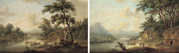 Christian Georg Schütz I | A river landscape with fishermen by a mill ...