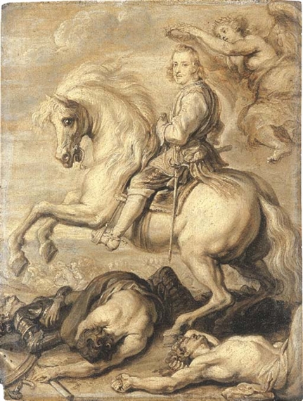 Equestrian portrait of Cardinal Infante Ferdinand of), Governor of the Spanish Netherlands, crowned by Victory on the battlefield, en grisaille Austria by Abraham van Diepenbeeck, 1609-1641