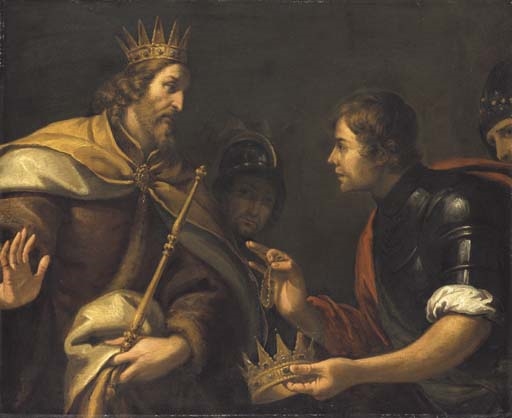 Artwork by Luca Saltarello, David presented with the crown and bracelet of Saul, Made of oil on canvas