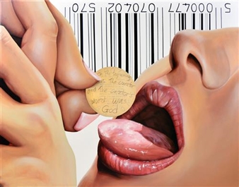 A hyper-realistic close-up of a person's open mouth with a hand holding a small, heart-shaped object near the tongue.