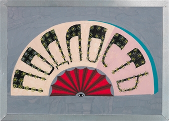 A stylized fan with a red interior and an eye at its center, featuring bold black lettering filled with floral patterns against a soft pink background.