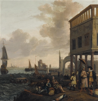 A MEDITERRANEAN HARBOUR VIEW WITH FIGURES - Johannes Buma