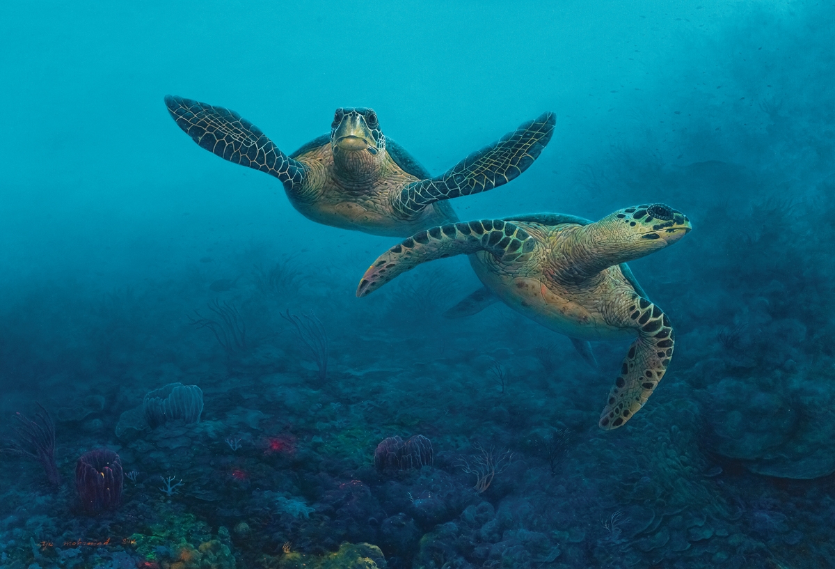 Artwork by Ajis Mohamad, MARINE PARADISE SERIES (TWO SEA TURTLES), Made of Oil on canvas
