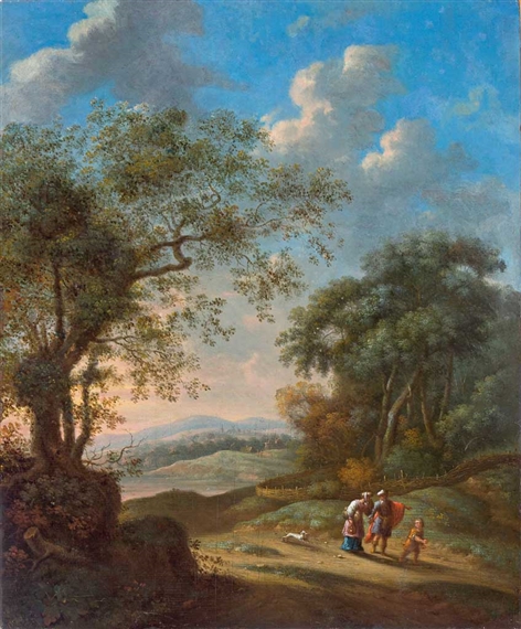 Abendliche arkadische Landschaft mit feiner Figurenstaffage by Master of the Middle-Rhine