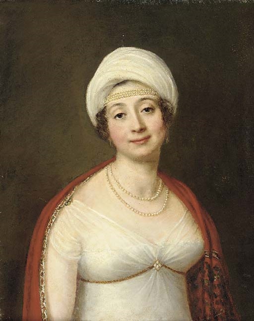 Portrait of a lady, wearing a white empire style dress and white turban, draped in a Paisley shawl, adorned with pearls by Austrian School, 19th Century