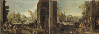 Paysans attablés devant une rue animée; et Paysans buvant devant une place de village animée par un vendeur ambulant - Franz Josef Textor