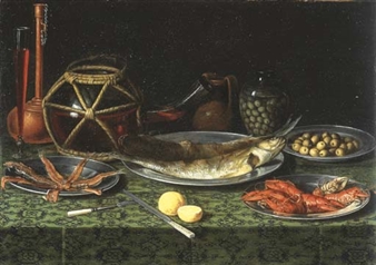 Plats en métal contenant des poissons, des ecrevisses, des olives, deux citrons et autres objets sur une table drapée - Pseudo Jan van Kessel II
