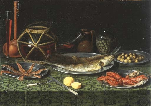 Artwork by Pseudo Jan van Kessel II, Plats en métal contenant des poissons, des ecrevisses, des olives, deux citrons et autres objets sur une table drapée, Made of Oil on copper