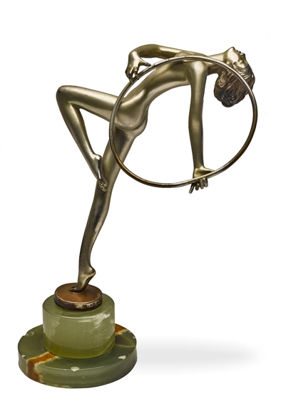 An Art Deco Bronze and Onyx Figure of a Girl with a Hoop by Josef Lorenzl, circa 1925